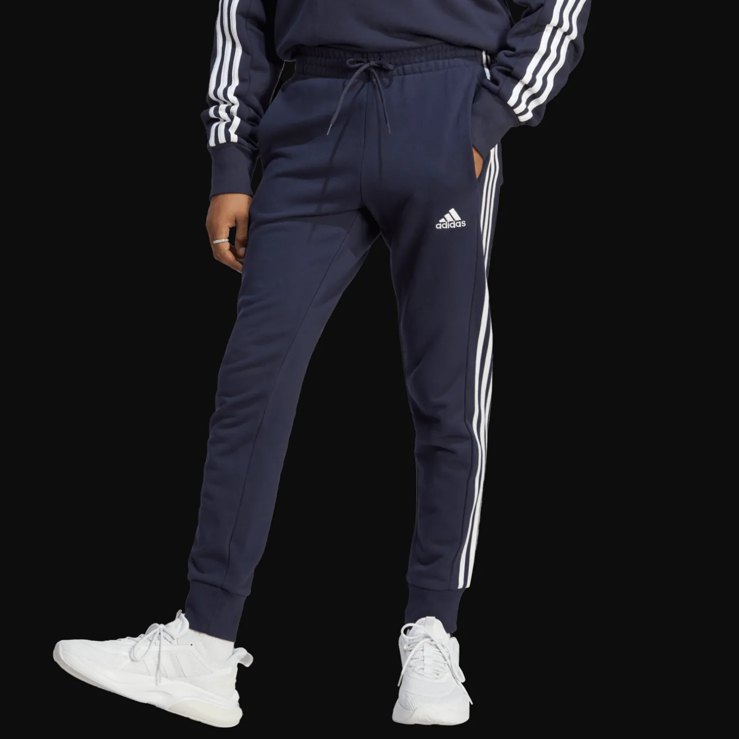 Essentials French Terry Tapered Cuff 3-Stripes Joggers, miesten collegehousut - T-Paidat Ja Pikeepaidat - Essentials French Terry Tapered Cuff 3-Stripes Joggers, miesten collegehousut